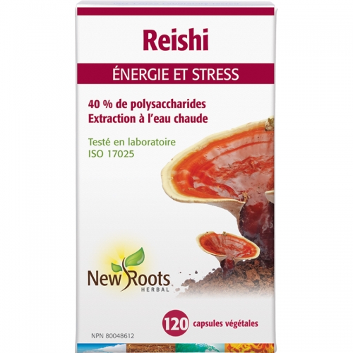 Reishi 40 % de polysaccharides · 500 mg par capsule - New Roots Herbal ,  Extrait de reishi, polysaccharides, énergie, endurance, cholestérol, bien-être cardiovasculaire, New Roots Herbal, Ganoderma lucidum.